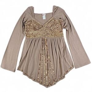 Sanjoy Vintage Y2K Sequins Babydoll Top Women L Fairy Coquette Hanky Hem Mocha